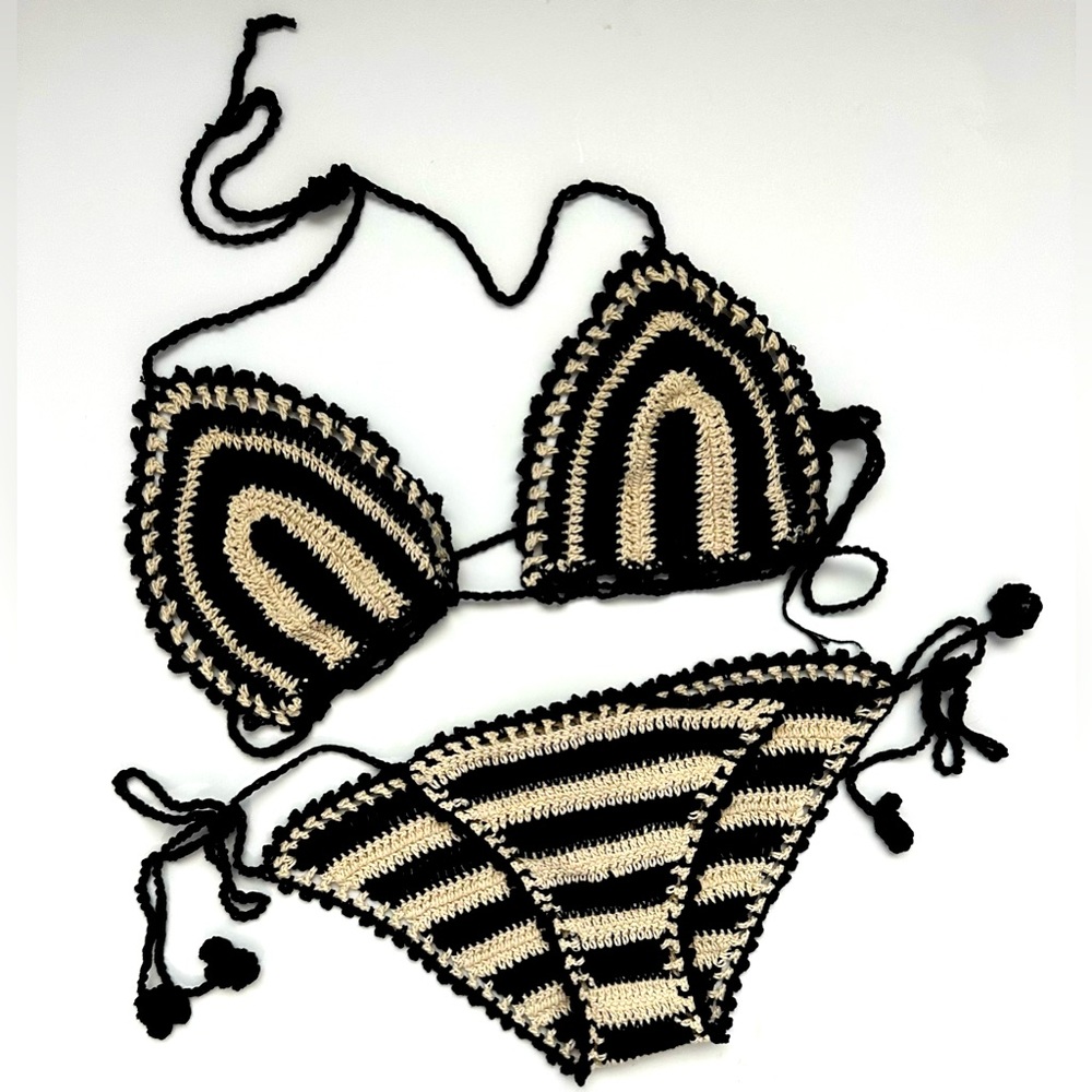 New! Unique Knit Bikini Set Black and Tan Stripes Festival Vacation Size XS